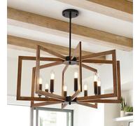 HvKvHvY Vintage Chandeliers Ceiling Light,E14 Geometric Farmhouse Pendant Light 8 Light Industrial Metal Ceiling Lights Living Room for Kitchen Island Hallway Dining Room Entryway (Black,Wood)