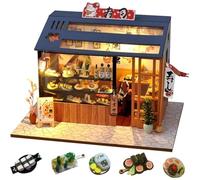 hvmabeck Japanese-Style Food and Play Shop Serise Dollhouse Miniature with Furniture, DIY Wooden Dollhouse Kit Creative Room with LED Light (Sakura Sushi)