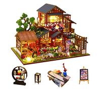 hvmabeck Japanese-Style Retro Villa DIY Wooden Dollhouse Kit with LED Light, 1:24 Scale, Unisex Adult Gift
