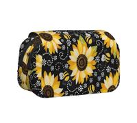 HVMUNG 2 Layer Sunflower Bee Print Pen Case, Zipper Pockets and Patch Pocket, for Daily Use and Travel