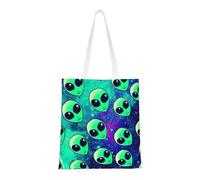 HVMUNG Green Aliens Print Reusable Canvas Tote, Shopping Bag With Handles For Daily And Grocery Use