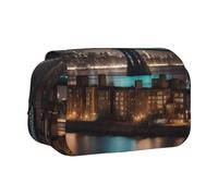 HVMUNG New York Manhattan Bridge Night Print 2-Layer Pen Case, Zipper Pockets and Patch Pocket, for Daily Use and Travel
