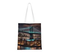 HVMUNG New York Manhattan Bridge Night Print Reusable Canvas Tote, Shopping Bag With Handles For Daily And Grocery Use