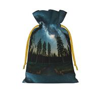 HVMUNG Night Sky With Trees Print Christmas Drawstrings Present Bags Reusable Bags For Hallowmas Thanksgiving Party