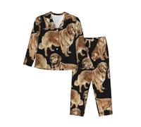 HVMUNG Women's Golden Retrievers Printed Button Down Long Sleeve Pajama Set Soft Sleepwear Loungewear, Black/White, M