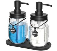 HvOvMvE Mason Jar Soap and Lotion Dispenser Set with 2 in 1 Non-Slip Coaster, Rustproof Stainless Steel Lids and Pumps, Soap Labels, Farmhouse Decor for Bathroom or Kitchen (Black)