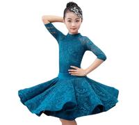 HWBZSZY Children Mid-length Sleeve Latin Dance Dress Ballroom Girl Lace Stage Performance Skirt Kids Salsa Samba Dance Costume Dancing Practice Outfit 120-170cm,Blue,130