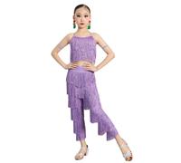HWBZSZY Girls Children Kids Salsa Tango Tassel Latin Dance Dress 2 Piece Set Sleeveless Camisole Top and Fringe Pants Performance Ballroom Costume Competition Dancewear Set,Purple,150cm