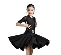 HWBZSZY Kids Girls Latin Dress Short Sleeve V-Neck Competition Dancewear Big Swing Pleated Skirt for Ballroom Samba Tango Cha-Cha Stage Performance Costume, One Piece,Black,110cm