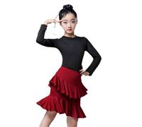 HWBZSZY Kids Girls Long Sleeve Latin Dance Dress with Leotard Elastic Waist Double Layer Ruffle Skirt Modern Ballroom Samba Tango Practice Dancewear Performance Costume,Red,120