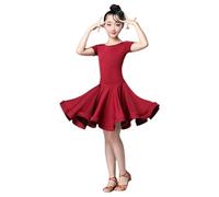 HWBZSZY Kids Girls Short Sleeve Latin Dance Dress Leotard Elastic Waist Ruffle Skirt Samba Tango One Piece Children Dancewear Performance Ballroom Dancing Costume,Red,110cm