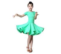 HWBZSZY Kids Girls Short Sleeve Latin Dance Dress Leotard Elastic Waist Ruffle Skirt Samba Tango One Piece Children Dancewear Performance Ballroom Dancing Costume,Green,140cm