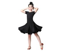 HWBZSZY Kids Girls Short Sleeve Latin Dance Dress Leotard Elastic Waist Ruffle Skirt Samba Tango One Piece Children Dancewear Performance Ballroom Dancing Costume,Black,170cm