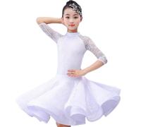 HWBZSZY Kids Summer Lace Dresses for Girls Ruffles Latin Dance Dress With Floral Pattern Ballroom Competition Party Stage Performance Practice Costumes 2pcs,White,170cm