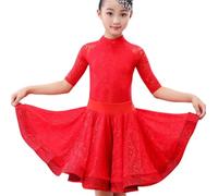HWBZSZY Kids Summer Lace Dresses for Girls Ruffles Latin Dance Dress With Floral Pattern Ballroom Competition Party Stage Performance Practice Costumes 2pcs,Red,120cm