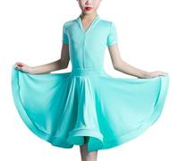 Pleated Standard Latin Dance Dress for Girls - Children V-Neck Ballroom Performance Practice Outfit Salsa Rumba Cha Cha Samba Tango Competition Top Skirt,Blue,180cm
