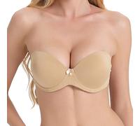 HWDI Strapless Convertible Push Up Padded Bra Clear Invisible Strap Halter Underwired Bras - Beige - 34A