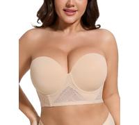 HWDI Strapless Longline Bra for Women Convertible Multiway Lace Corset Lift Up Bras Underwired Plus Size, Beige Bra, 34D