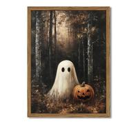 Hwetui Framed Vintage Halloween Ghost Canvas Wall Art, Cute Ghost Pumpkin Wall Decor Paintings, Gothic Dark Academia Pictures Prints Spooky Fall Forest Home Decor for Living Room Bedroom 12x16 inch