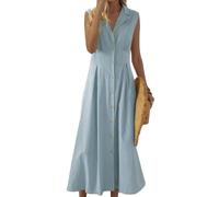 HWEVDHJ Maxi Dresses for Women Casual Sleeveless Drop Waist Button Down Cotton Linen Dress(Light Blue,Large)