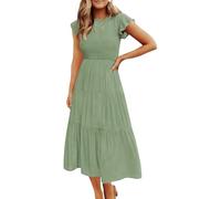 HWEVDHJ Women's Summer Dress Casual Flutter Short Sleeve Crew Neck Smocked Elastic Waist Tiered Midi Dress(Green,Medium)