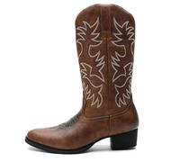 HWJFDC Cowboy Boots Men Men's Heritage Round Toe Wooden Heel Sole Embroidered Cowboy Boots(Brown,46)