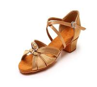 HWJFDC Dance Shoes Child Dance Shoes For Girls Women Leather Satin Ballroom Latin Ladies Kids Modern Tango Salsa Sandals Low Heel(Satin Brown,FR37-23cm)