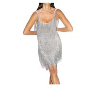 HWJFDC Tassel Dress Women Sequin Fringe Mini Dress Sling Tassel Hem Sparkly Spaghetti Strap Backless Bodycon Elegant Cocktail Party Short Dress(Silver,M)