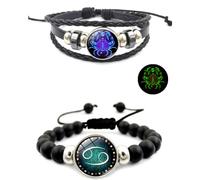 HWJQ 2Pcs Layered Bracelet Set Fluorescence Leather Zodiac Bracelet Time Gem Stacking Astrology Bracelet for Women Men, 0, Leather, no gemstone