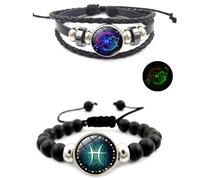 HWJQ 2Pcs Layered Bracelet Set Fluorescence Leather Zodiac Bracelet Time Gem Stacking Astrology Bracelet for Women Men, 0, Leather, no gemstone