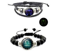 HWJQ 2Pcs Layered Bracelet Set Fluorescence Leather Zodiac Bracelet Time Gem Stacking Astrology Bracelet for Women Men, 0, Leather, no gemstone