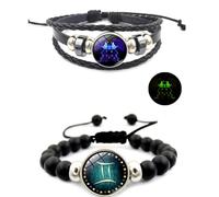 HWJQ 2Pcs Layered Bracelet Set Fluorescence Leather Zodiac Bracelet Time Gem Stacking Astrology Bracelet for Women Men, 0, Leather, no gemstone