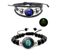 HWJQ 2Pcs Layered Bracelet Set Fluorescence Leather Zodiac Bracelet Time Gem Stacking Astrology Bracelet for Women Men, 0, Leather, no gemstone