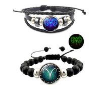 HWJQ 2Pcs Layered Bracelet Set Fluorescence Leather Zodiac Bracelet Time Gem Stacking Astrology Bracelet for Women Men, 0, Leather, no gemstone