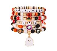 HWJQ 6Pcs Halloween Ghost Beaded Bracelets Stackable Cute Spooky Bat Spider Skull Pumpkin Stretch Bracelet Colorful Clay Seed Bead Bracelets for Women, Middle, Resin, no gemstone