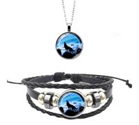 HWJQ Luminous Wolf Moon Necklace Bracelet Adjustable Multilayer Handmade Leather Wolf Wrap Bracelets Grow in the Dark Necklace Pendant Jewelry for Men, Stainless Steel, No Gemstone