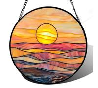 HWRHTR Stained Glass Window Hanging, Orange Sunrise Suncatcher Diamond Glass Panel Hangings Scenery Sun Catchers Decor for Birthday for Women, Men, Wife, Aunt, and Mom 7.8 in