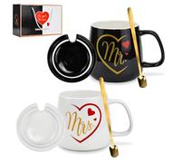HWSWSH 2 PACK Mr and Mrs Coffee Mugs,Fun Pair of Ceramic Coffee Cups,Anniversary Ceramic Mugs,Mr and Mrs Mugs Boxed Gift Set,Black and White Mugs with Lid Set,Engagement Gifts for Couples,350ml/12.3oz