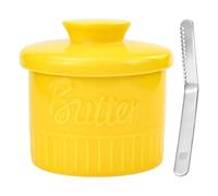 HWSWSH Porcelain Butter Crock with Scraper,French Butter Dish with Lid,Ceramic Butter Keeper with Water Line,Butter Container Holder for 5.5oz Fresh Spreadable Butter,Butter Pot for Countertop(Yellow)