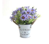 Hwtcjx Artificial Flowers with Vase, Artificial Flowers in Pots, Fake Plants With Metal Pot, Plastic Flower, with Vintage Metal Bucket, Beautiful Decoration, for Wedding, Office, Home (Purple)