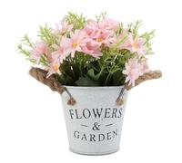 Hwtcjx Artificial Flowers with Vase, Artificial Flowers in Pots, Fake Plants With Metal Pot, Plastic Flower, with Vintage Metal Bucket, Beautiful Decoration, for Wedding, Office, Home (Pink)
