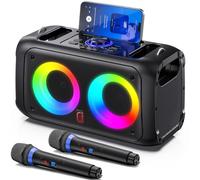 HWWR Karaoke Machine for Adults, Bluetooth Speaker with 2 Wireless Microphones for Singing, PA System with HiFi Sound/Dual 3" Subwoofers/Echo Adjustment/Disco Lights for Home Party (Black)