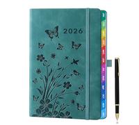 HwxBen Diary 2026 A5 Week-to-View Planner (Jan - Dec 2026) - Teal, Floral Design, with Colorful Monthly Tabs, Elastic Pen Holder, 2 Bookmarks, Pen Loop, and Inner Pocket