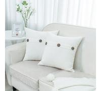 HWY 50 White Luxury Faux Linen Cushion Covers 40x40 cm Pack of 2 With Triple Buttons, Rustic Cosy Decorative Throw Pillow Covers for Sofa Couch Bed Living Room