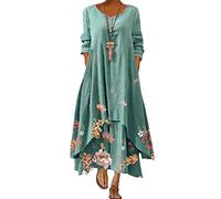 HWYBHT Elegant Women Maxi Dress Spring Summer Floral Print Long Dresses Casual Long Sleeve Irregular Hem Dress Green XL