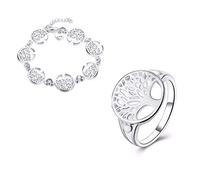 HWZJLH Wisdom Tree Bracelet Rings Set 925 Sterling Silver Tree Of Life Bracelet And Rings 2pcs Jewelry Set