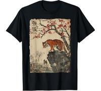 HXATXB Vintage Japanese Tiger with Cherry Blossoms Tree Woodblock T-Shirt Size L Black