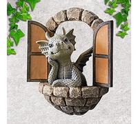Hxeilzge Courtyard Dragon Sculpture Wall Decoration,Lovely Resin Garden Dragon Statue,Little Dragon Meditating in Front of The Window Art Figurines Decor Ornaments for Patio Yard (Multi)