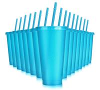 Hxezoc 16 Piece Reusable Cups with Lids and Straws, 24 oz Glitter Plastic Tumbler Iced Coffee Cup for Smoothie Juices or Beach Party, Bachelor Party (Light Blue)