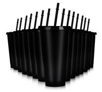 Hxezoc 16-Piece Reusable Cups with Lids and Straws, 24 oz Glitter Plastic Tumbler Iced Coffee Cups Travel Mug Cup for Smoothie Juices Beach or Bachelor Party (Black)